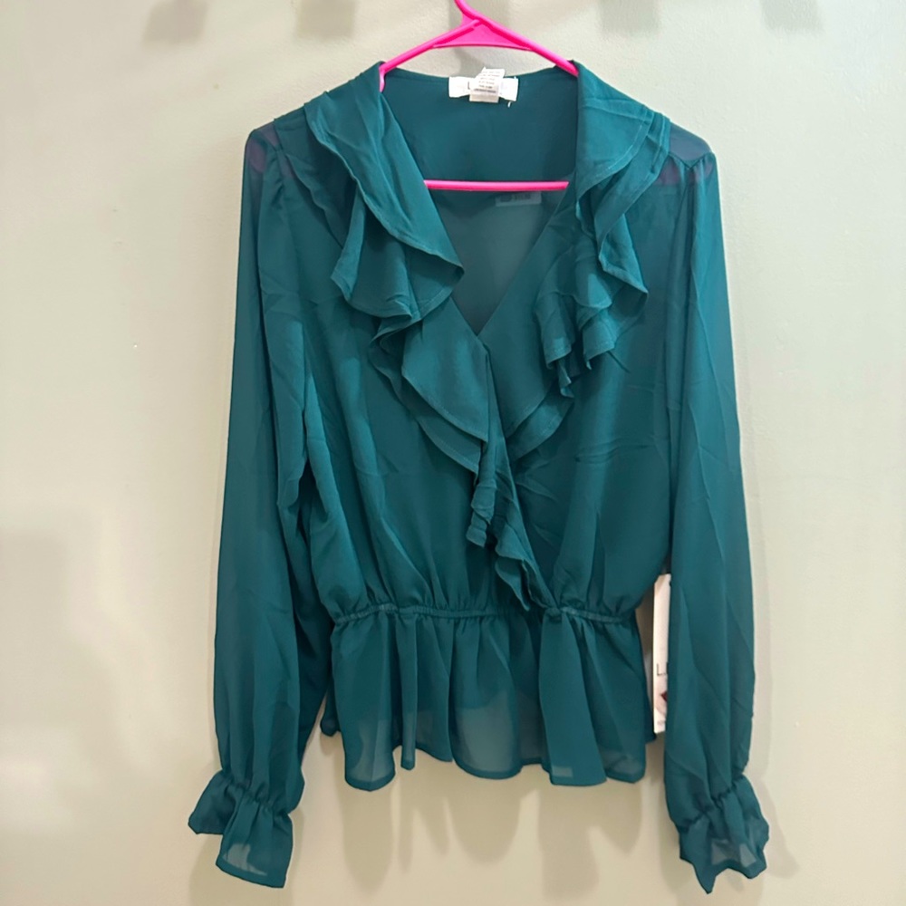 Young Contemporary V Neck Ruffled Long Sleeve Sheer Faux Wrap Blouse NWT